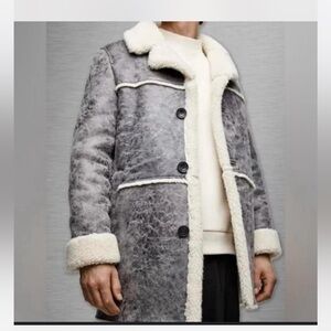 Zara Men's Gray and Cream Shearling Coat